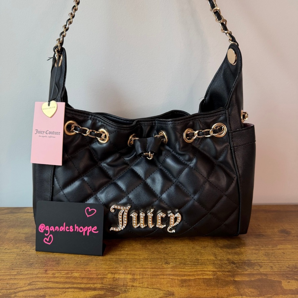 New Juicy Couture Fashion Icon Bucket Tote Handbag Black Gold Cute Chain Quilted